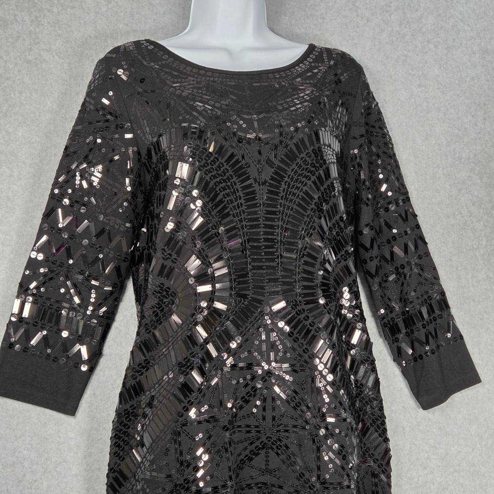VTG Soft Surroundings Women Medium Mini Dress Black Sequin Art Deco 3/4 Sleeve